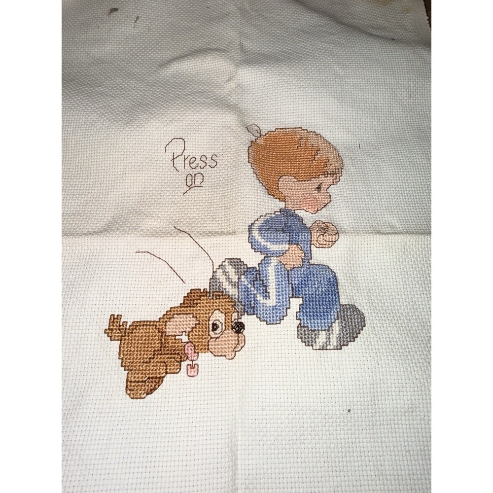 Precious Moments "Press On" Cross Stitch Boy & Puppy Dog Playing